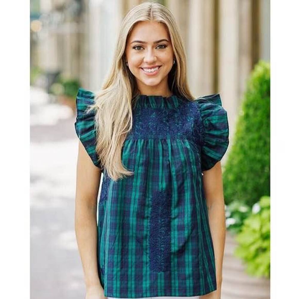 J. Marie XS Joyce Plaid Embroidered Ruffle Neck Cap Sleeve Blouse Top Tartan